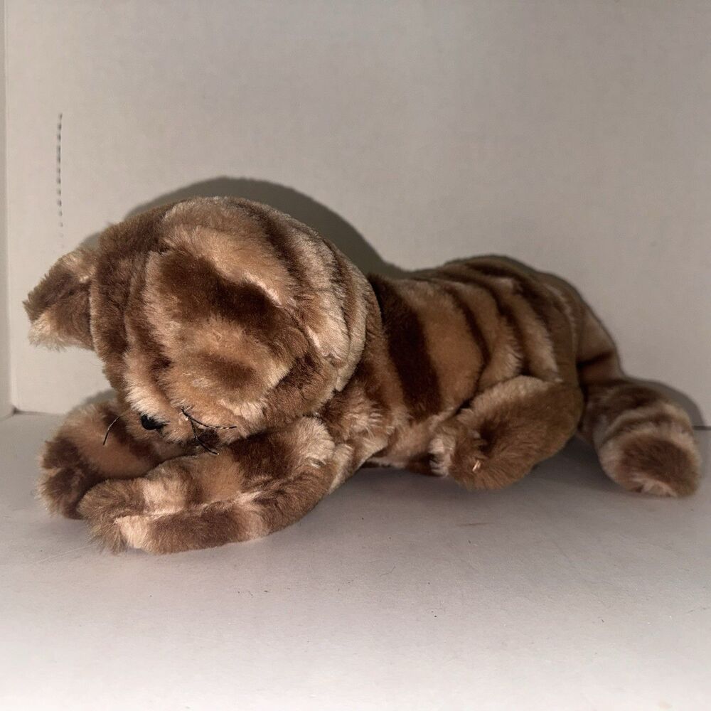 Vintage Plush Tiger Stuffed Animal 16” Striped Cat Yellow Eyes Laying Pose